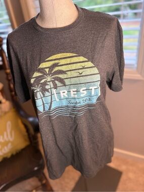 Unk Gray Short Sleeve Tee with Yellow and Light Blue Sunset Graphic
